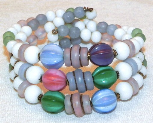 Vintage 3 Row White Milk Glass Wrap Bracelet Pastel Pink Blue Satin Beads