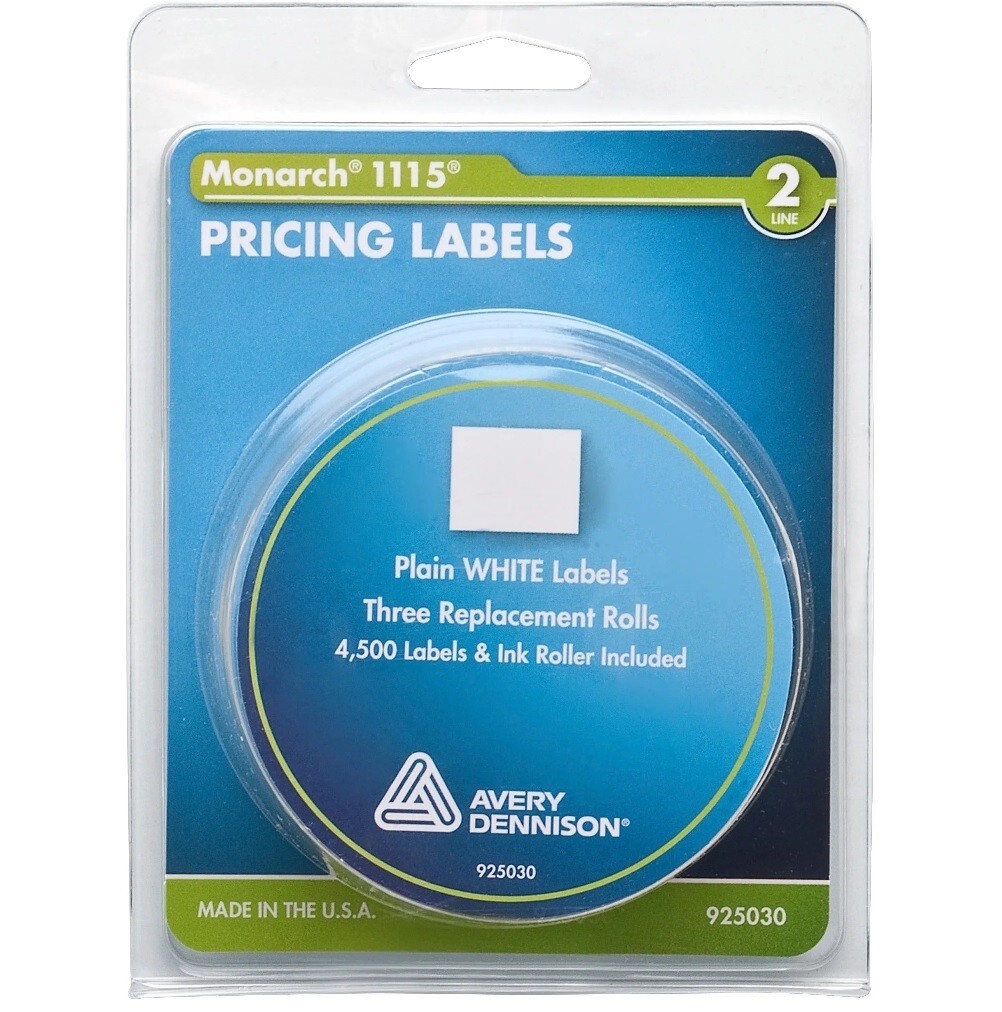 Genuine Monarch 1115 Labels Plain White, 3 Replacement Rolls & Ink Roller