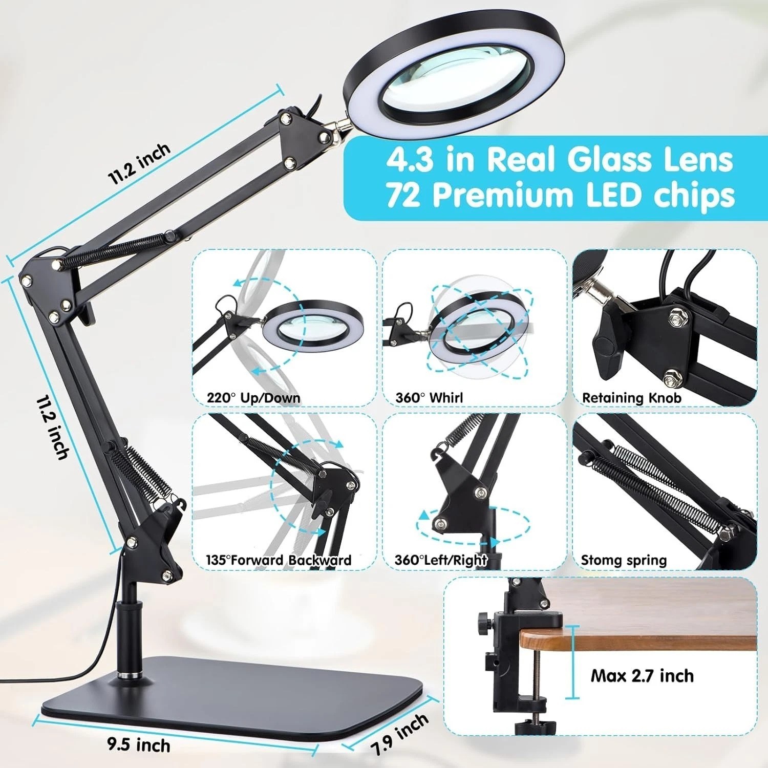 5-Diopter Glass Lens Magnifying Lamp, Adjustable Arm-