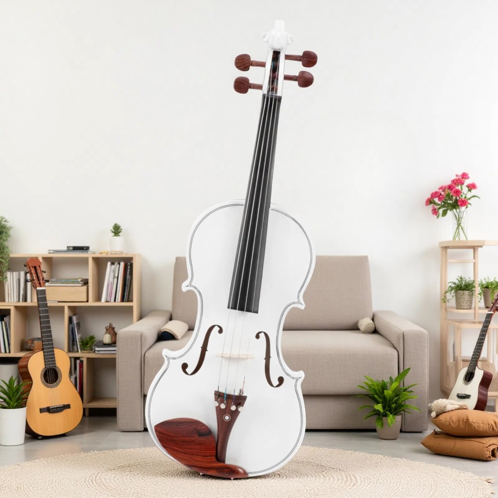 4/4 Solid Spruce Top Acoustic Beginner Violin Set - Tuner, White, Shoulder Rest
