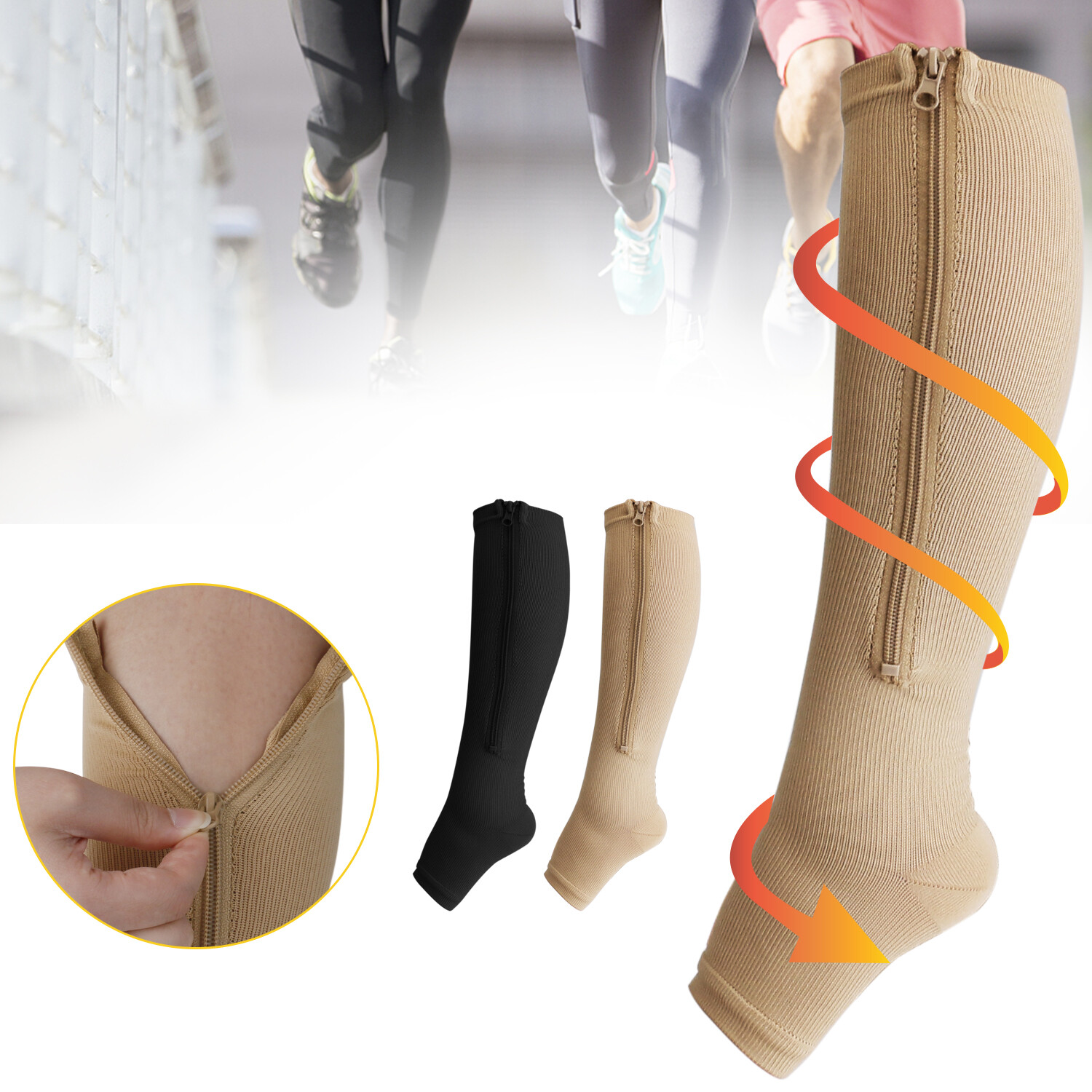 Nylon Zipper Compression Socks Support Graduated Stockings Mens Womens 20-30mmHg