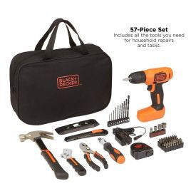 BLACK+DECKER 8V Drill & Home Tool Kit, 57 Piece - BDCD8PK