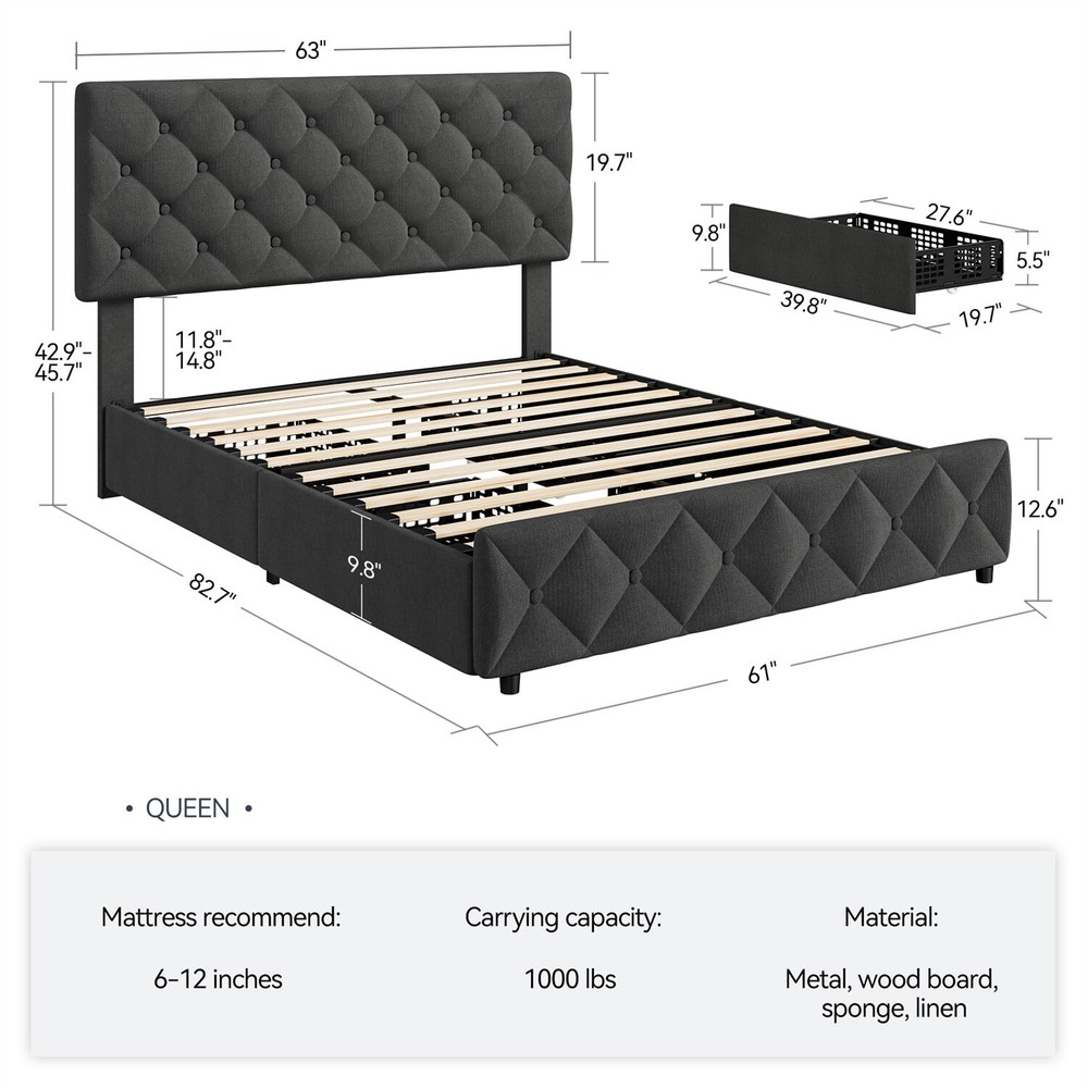 Queen Size Bed Frame with 4 Storage Drawers and Headboard Upholstered Platform