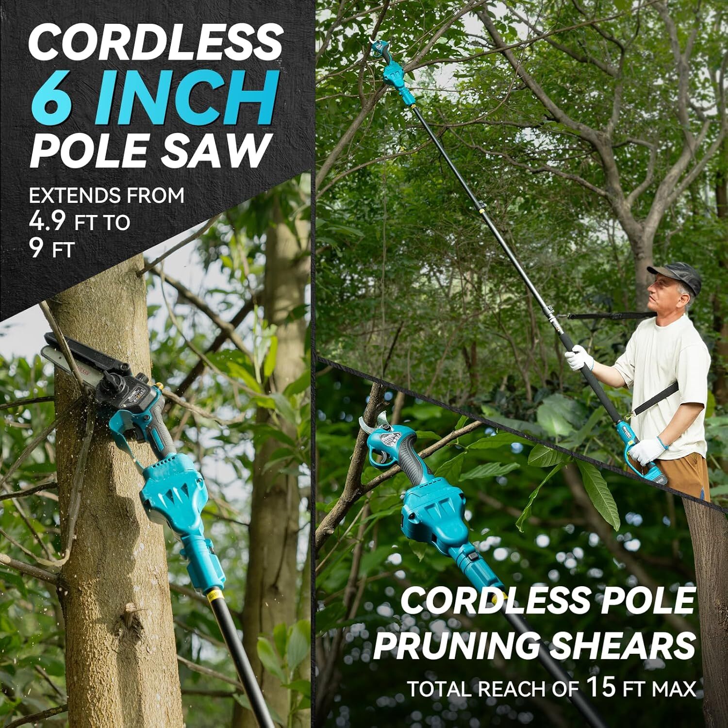 4-in-1 Cordless Pole Saw Chain Saw Pruning Shears Combo Kit 16ft Reach 2*4000mAh