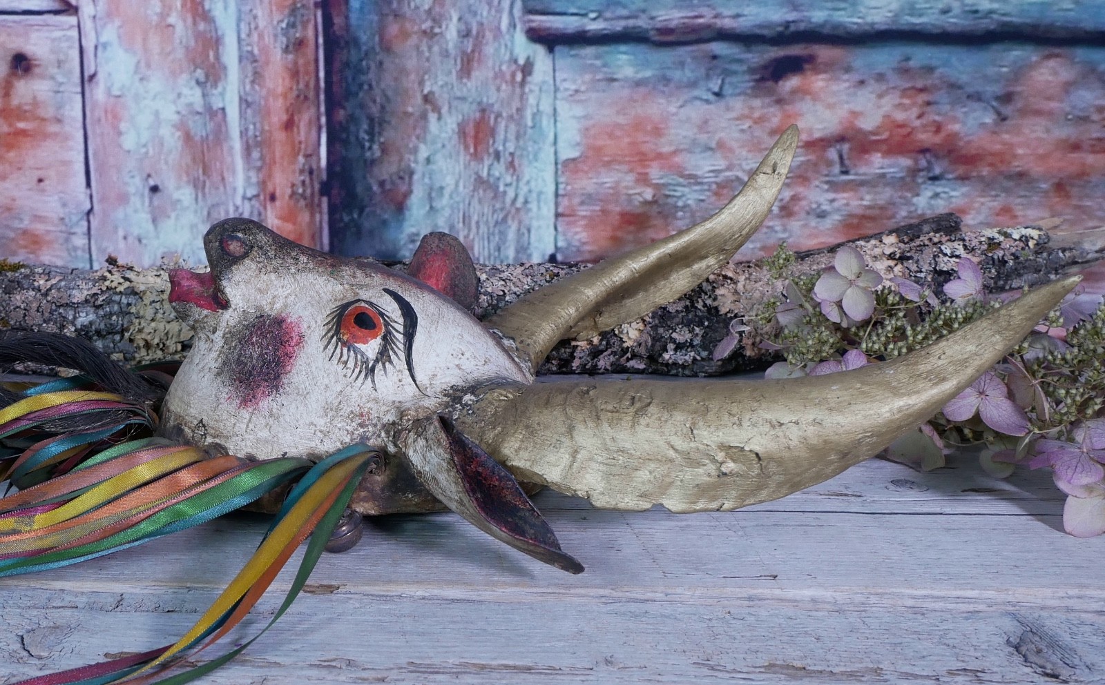 Coconut Goat Mask with Hair Beard Real Horns Handmade Guerrero Mexican Folk Art