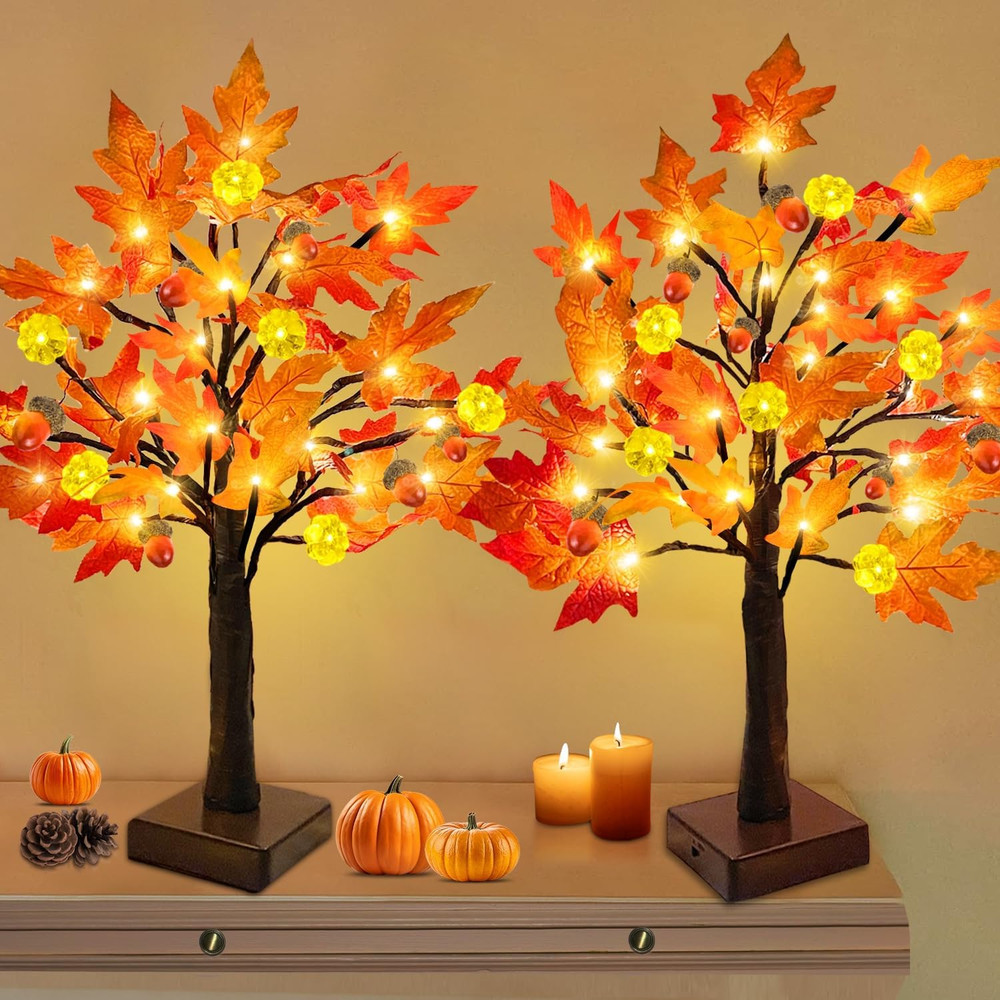 Thanksgiving Fall Decor-2 Pack 24 Inch Prelit Fall Maple Tree 48Leds Timer Acorn