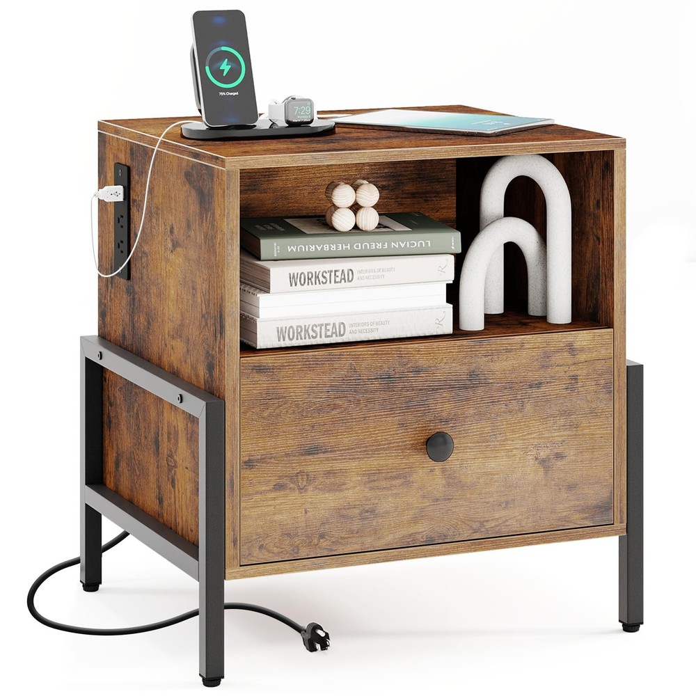 Rustic Brown Nightstand with Charging Station & Storage Shelf