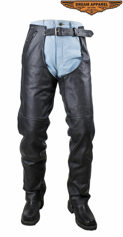 Men's Motorcycle Black Split Leather Chaps with Multiple Pockets and Mesh Lining