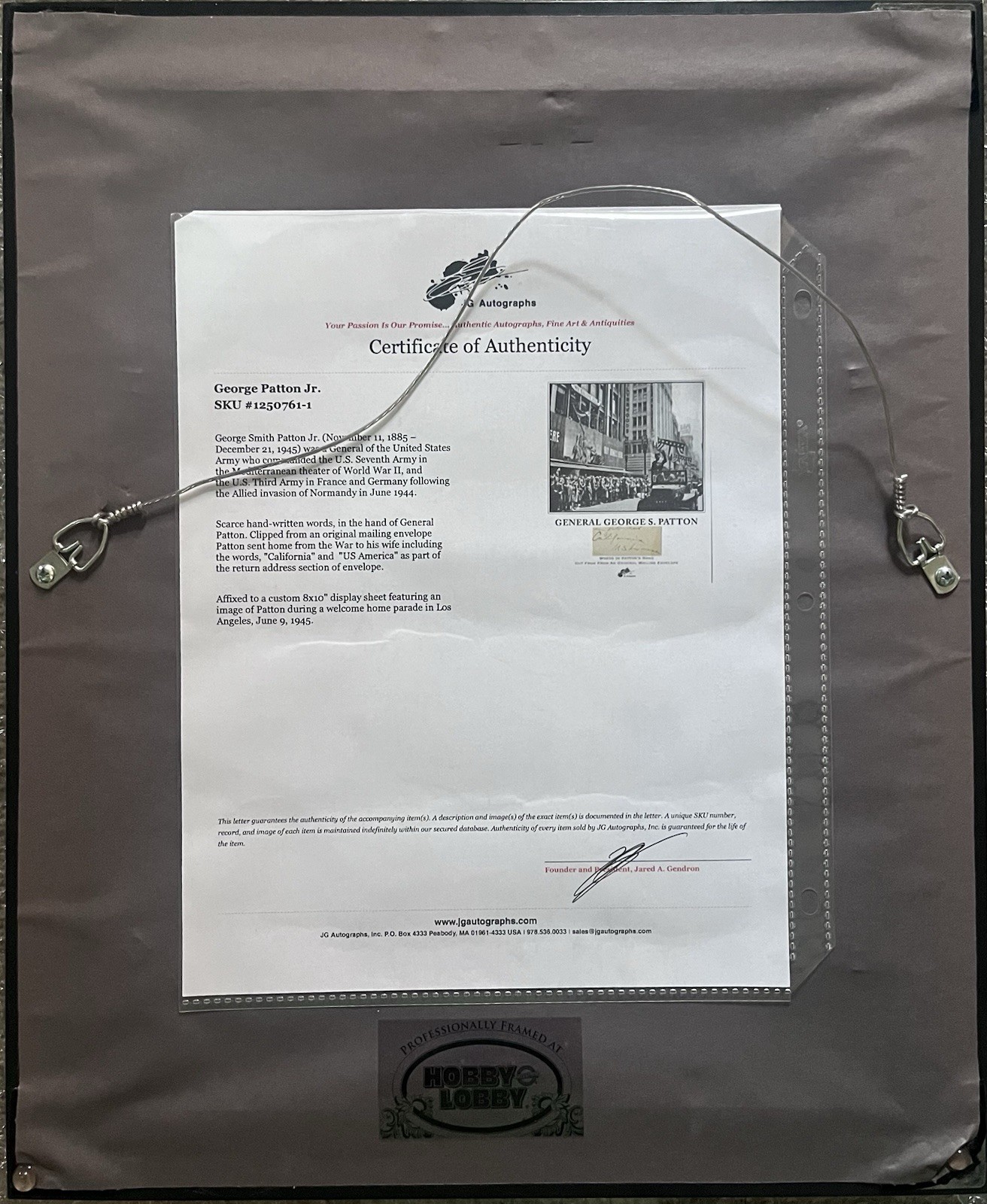 General George S. Patton Jr. Framed Picture and Hand Written Cut