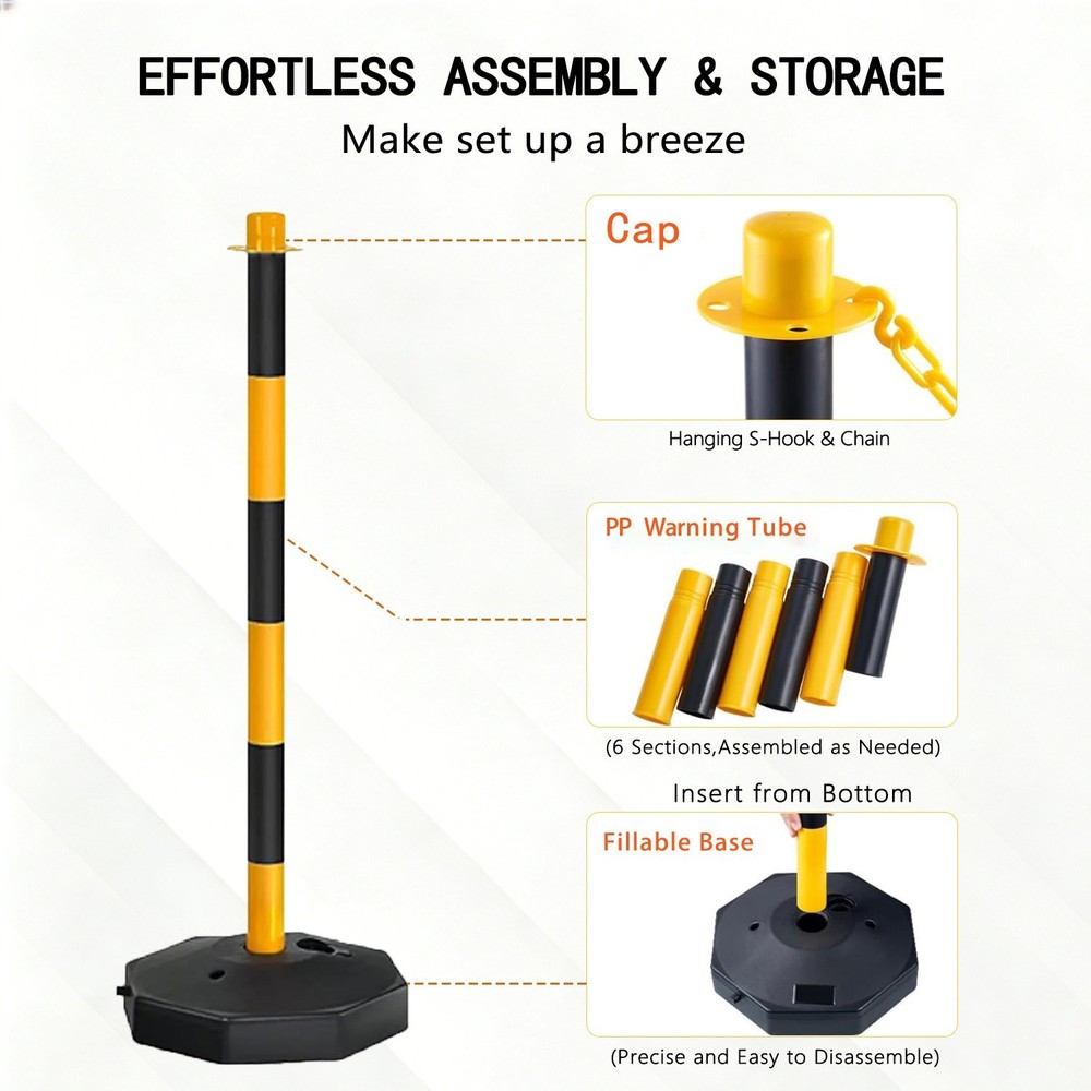 30Pack 34"Adjustable Delineator Post Cones Fillable Base6.6FT Chain Yellow&Black