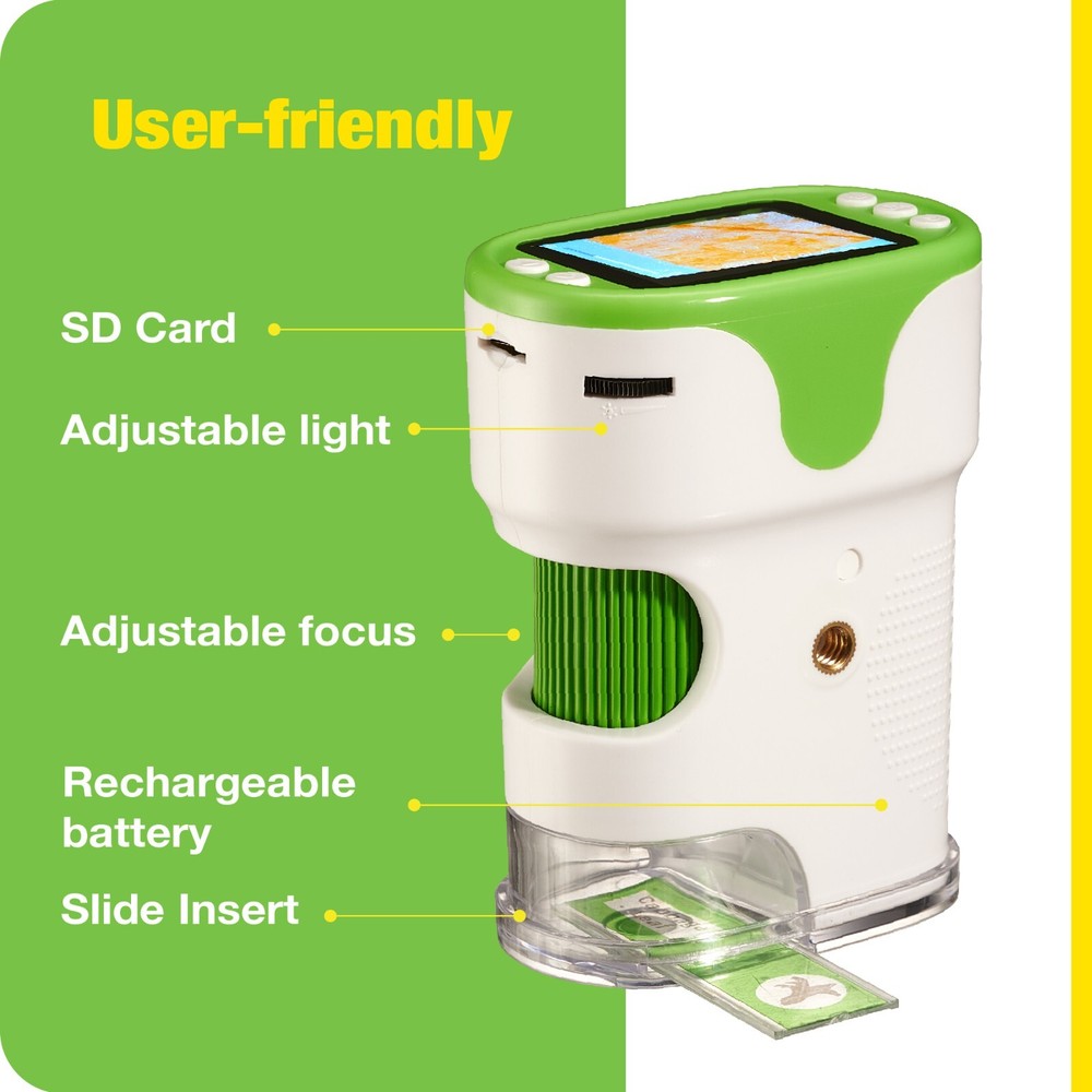 Digital Microscope with Camera for Kids with Slides, Rechargeable, Portable