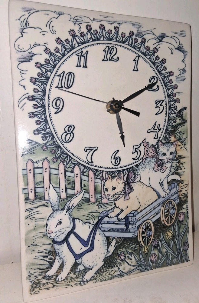 1987-1989 Santa Barbara Ceramic Design Spring Easter Cats Rabbit Clock. Rare