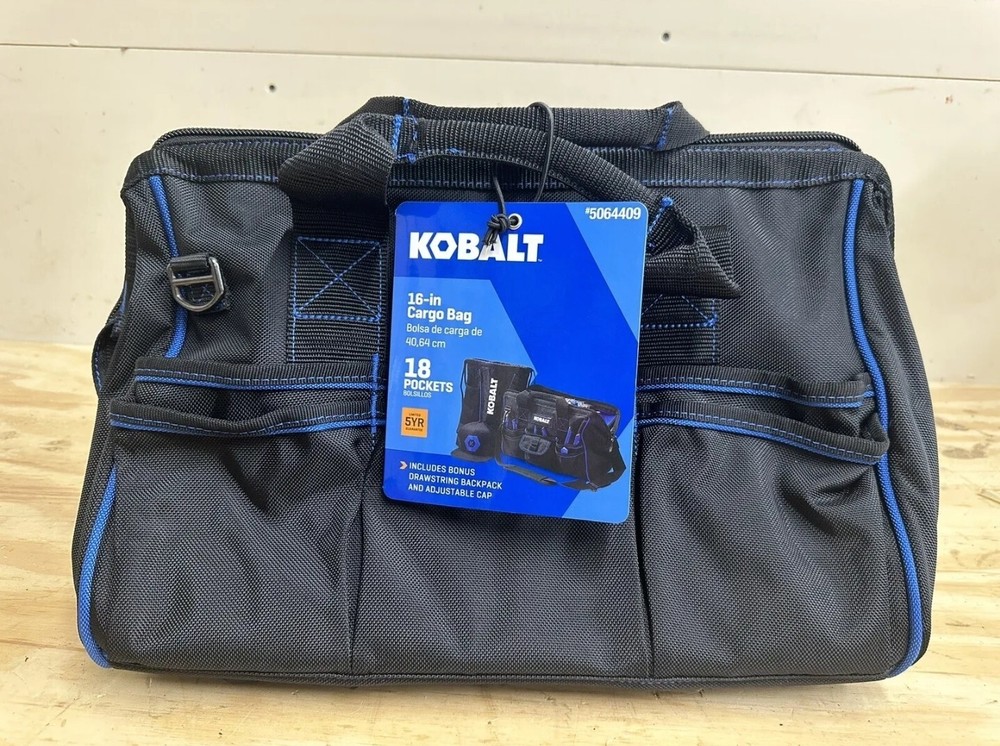 Kobalt 16” Cargo/Tool Bag Includes Drawstring Backpack And Adjustable Cap - New
