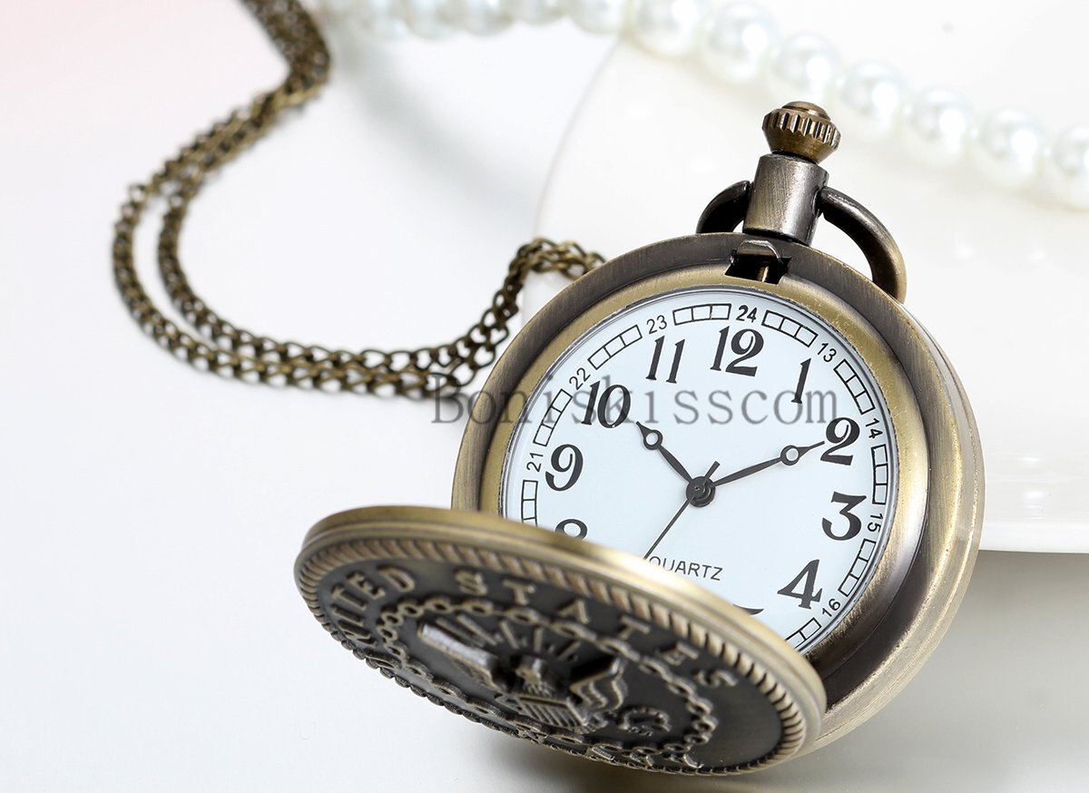 Men Vintage Classic United States Marine Corps Navy Quartz Pocket Watch Necklace