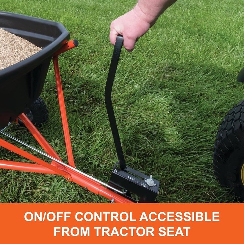 110lb Tow Broadcast Spreader Rustproof Hopper Pneumatic Tires 10ft Spread Width