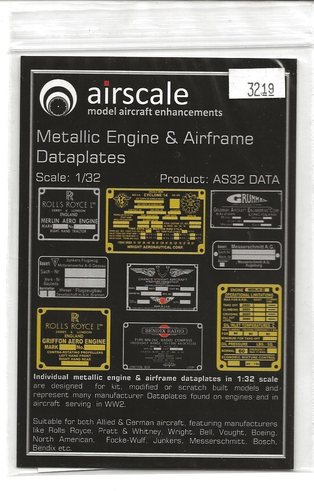 Airscale Metallic Engine & Airframe Dataplates, Decals 1/32 19  ST