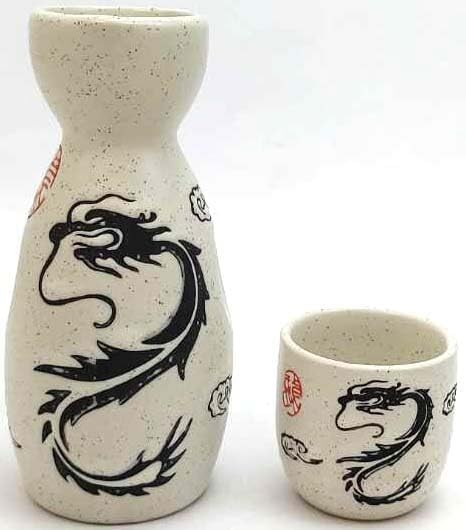 White Dragon Porcelain Sake Set Bottle Cups Saki Set Microwave Safe 5 oz S-4912
