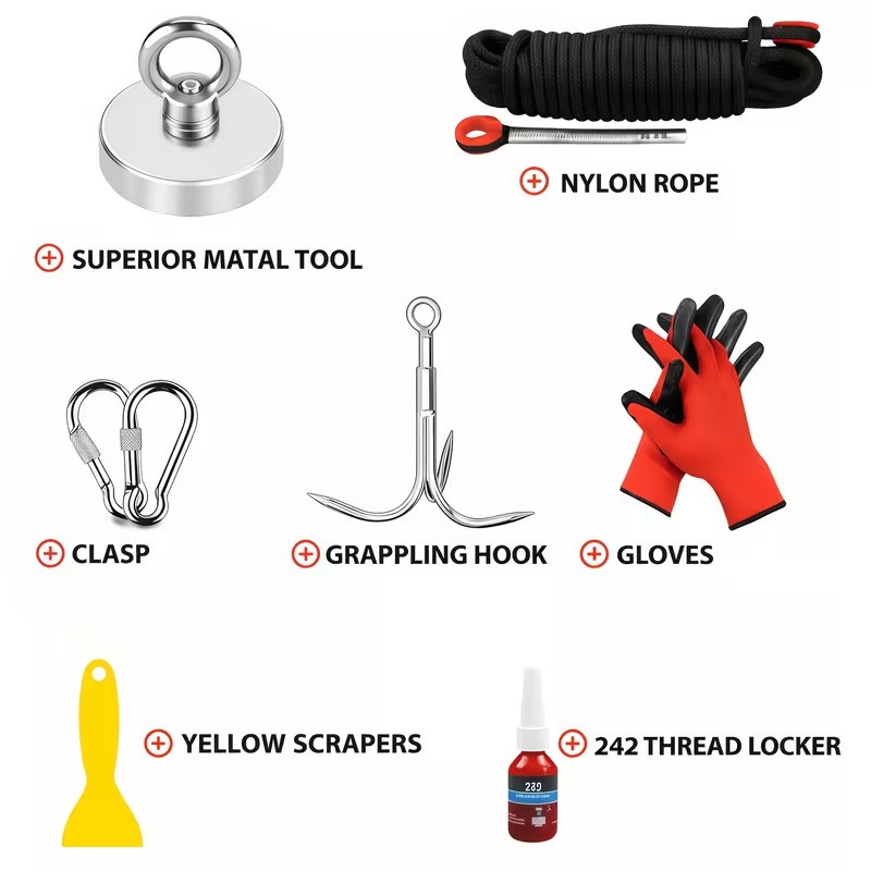 3000 lbs Fishing Magnet Full Kit, Rope, Gloves, Hook, Scraper.etc Case Free Ship