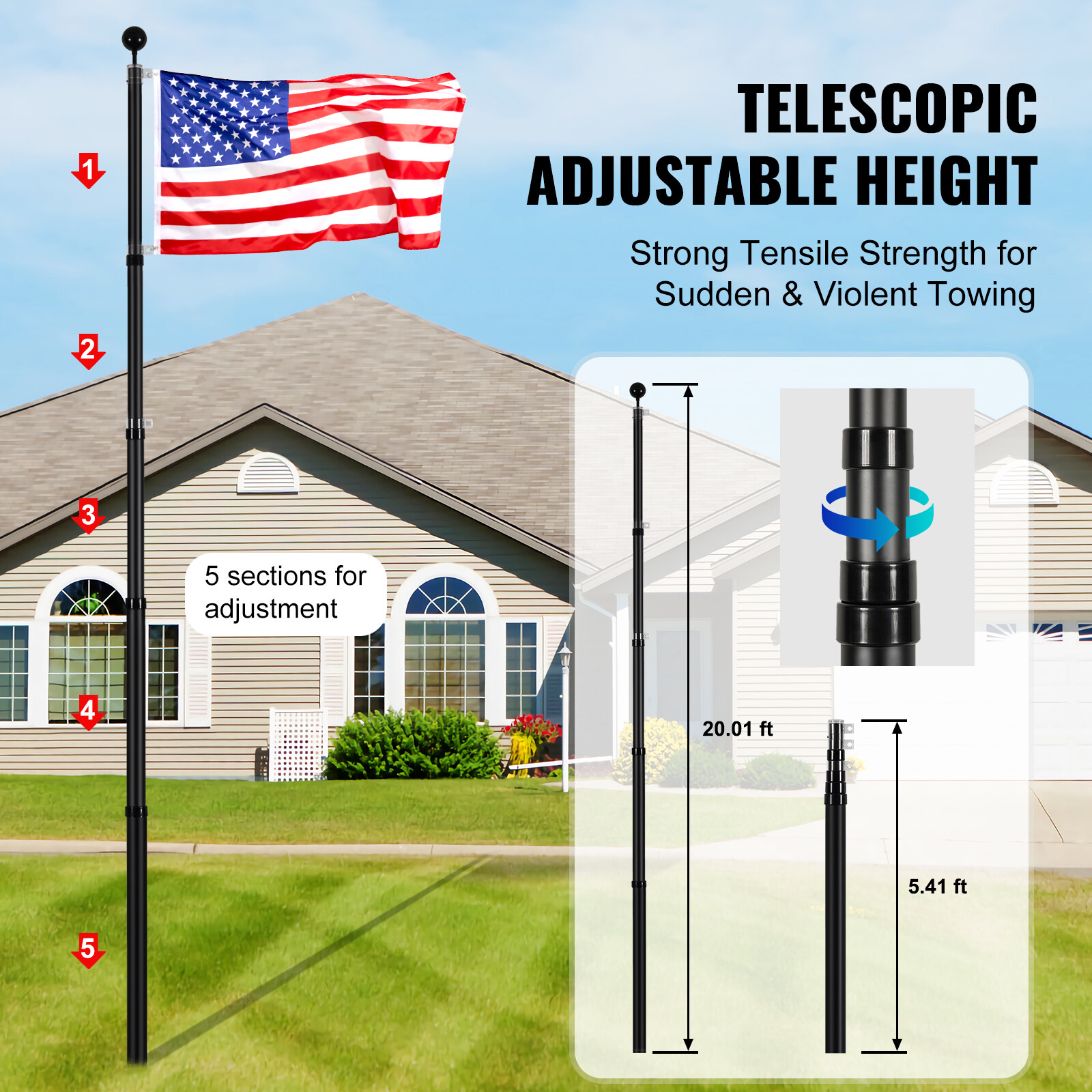 VEVOR 20FT Telescopic Flagpole Kit Heavy Duty Aluminum Flag Pole American Black