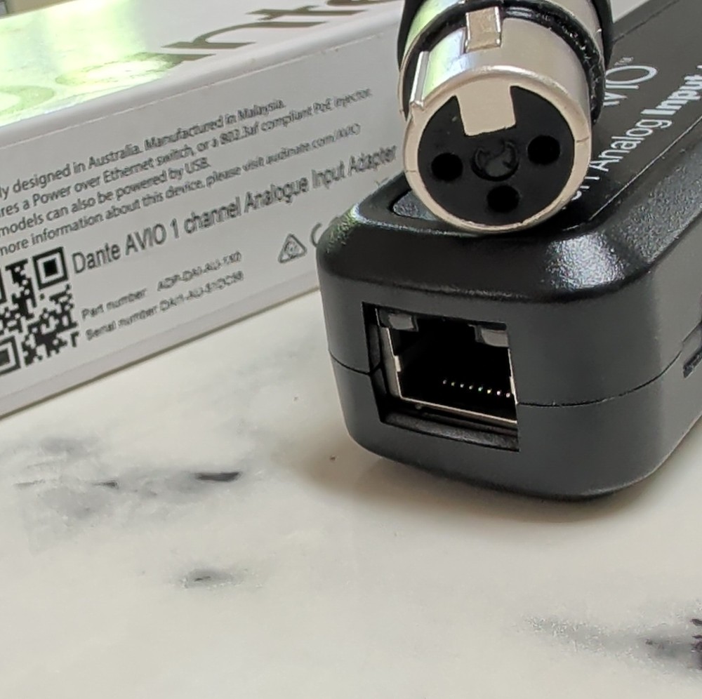 Audinate Dante AVIO 1CH Analog Input Adapter Ethernet XLR PoE Portable