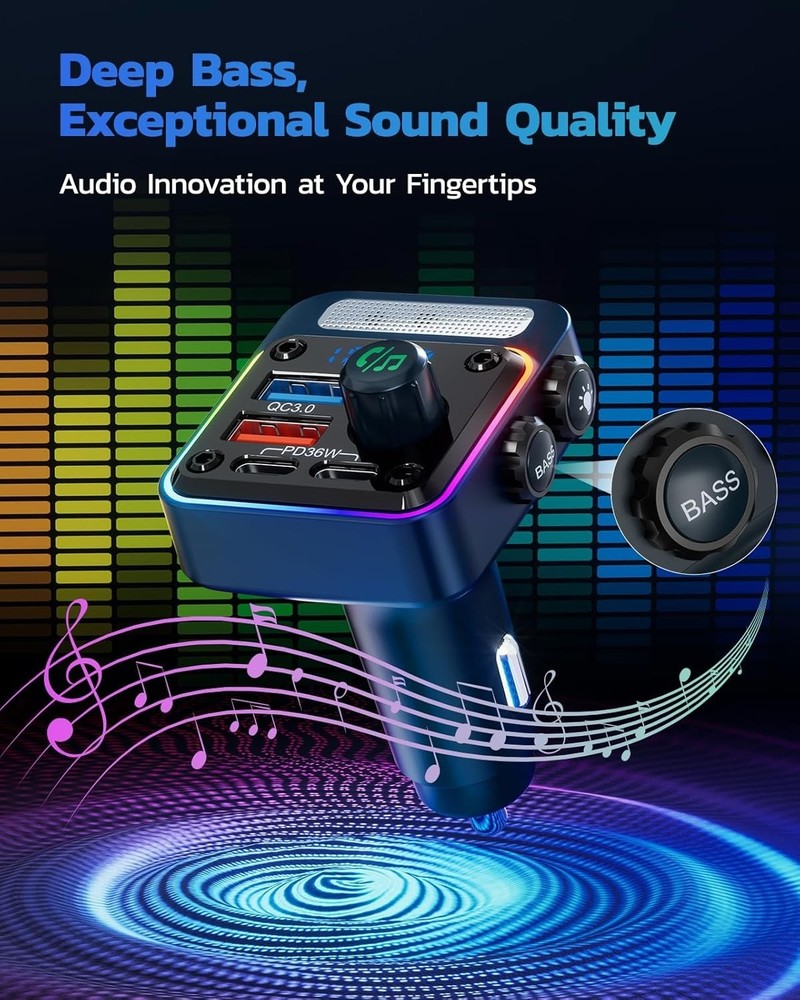 4-Port Bluetooth Car Adapter with FM Transmitter & LED Backlit - 54W Power