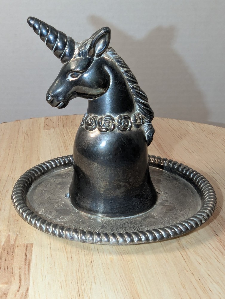 UNICORN RING HOLDER Vtg Hong Kong Silverplate Unicorn Trinket Dish Very Detailed