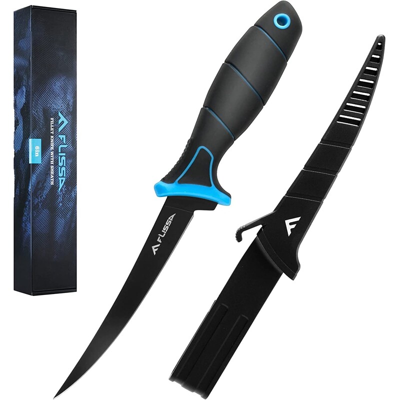 FLISSA 5''/6''/7''/9'' Fillet Knife Cutting Notch Non-Slip Handle w/Black Sheath