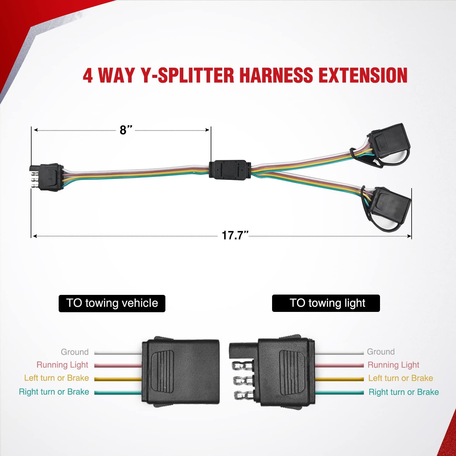 Nilight 4 Way Flat Trailer Y-Splitter Plug and Play Adapter Extension Harness