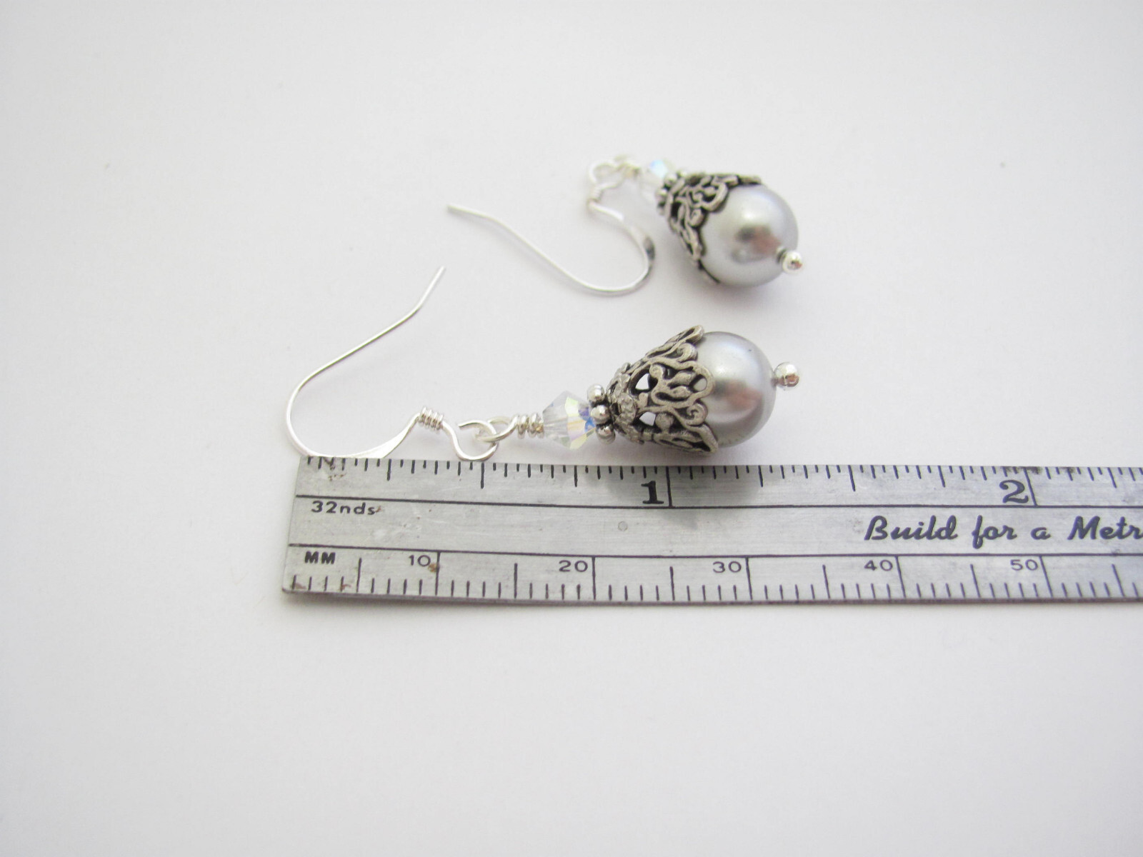 Silver Gray Crystal Pearl Earrings Birthday Wedding Gift Birthday Holiday Party