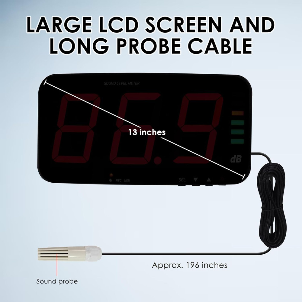 Decibel Meter Sound Level Meter with Data Logging, 13" Large LCD Display Wall Mo