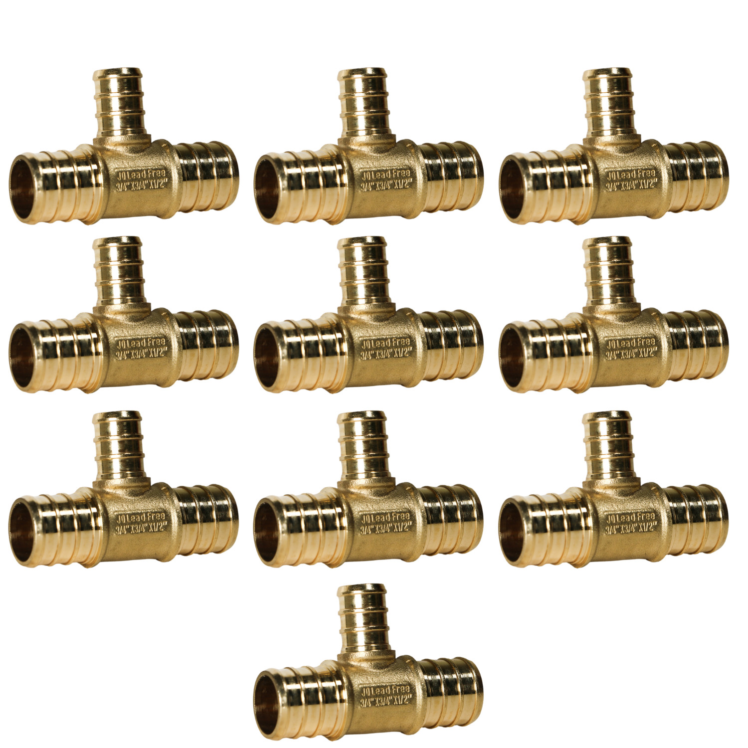 10 Pack XFITTING 3/4" x 3/4" x 1/2" Pex-B Tee Crimp Fitting, Lead Free Brass