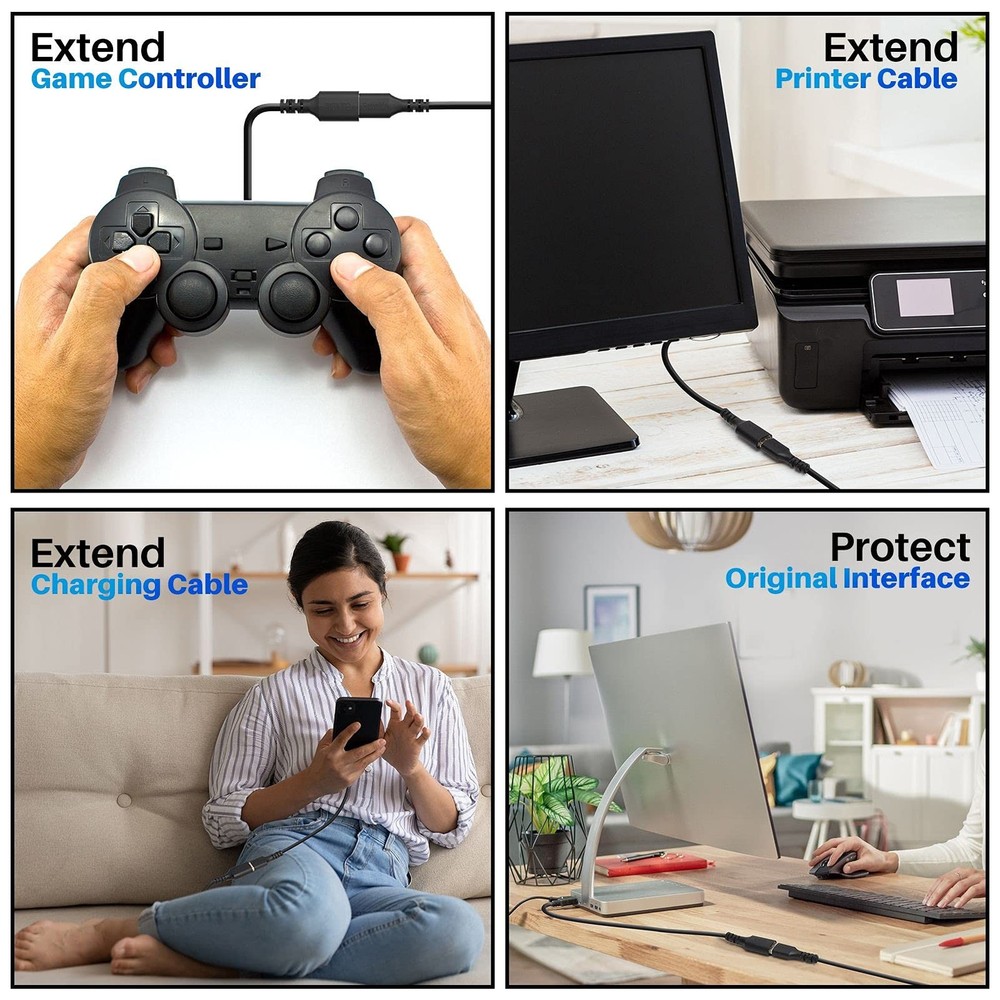 3 Pack USB Extension Cable 2 FT, Short 2.0 Type A 2FT (3 Pack), Black