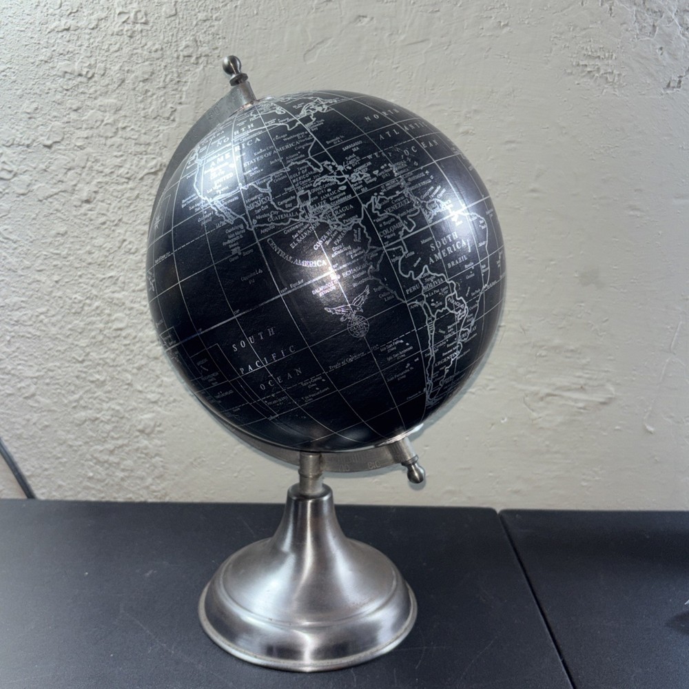 Globe Decor Black Globe With Silver Writing Used In Good Condition