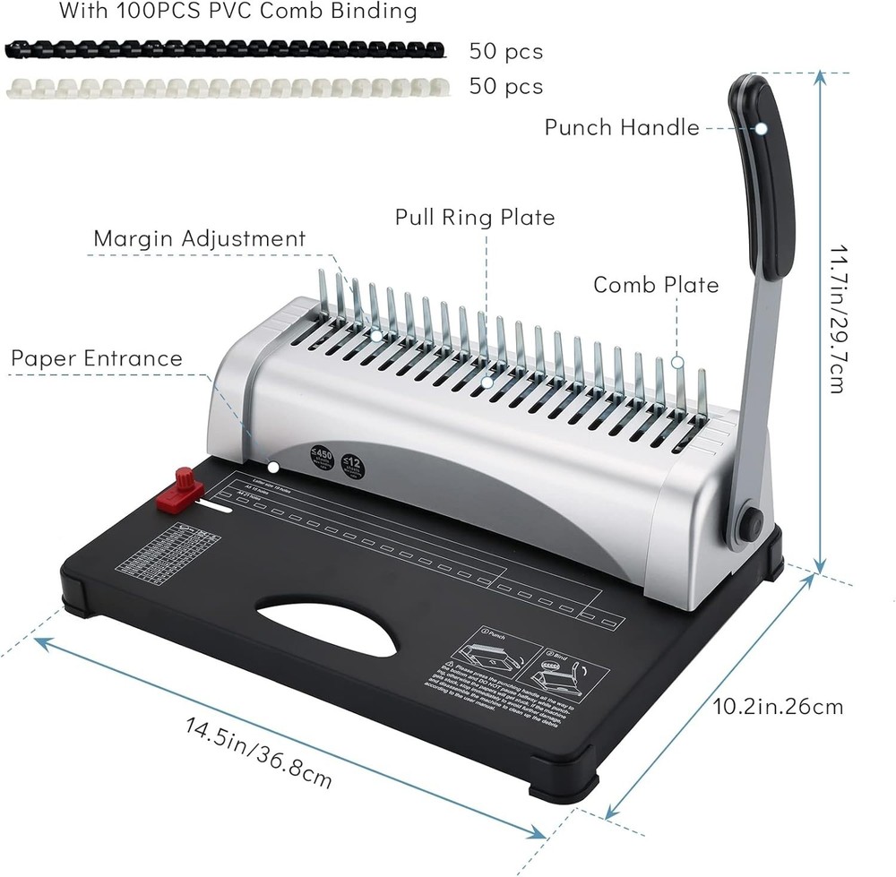 Binding Machine, 21-Hole 450 Sheets Paper Comb Punch Binder Machine f...