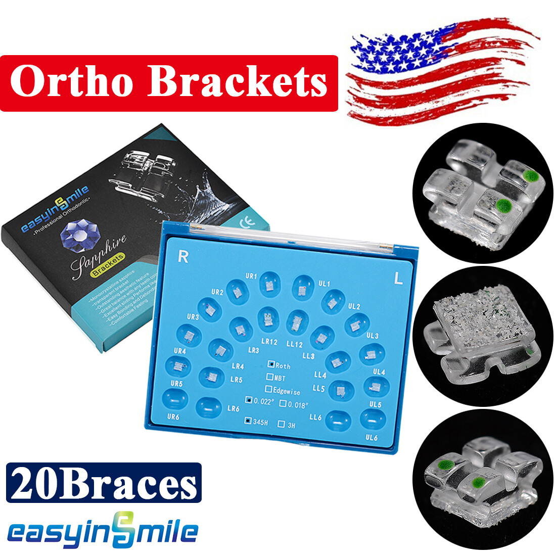 Orthodontic Sapphire Brackets Ceramic Dental Clear Brace MBT/ROTH 022 345Hooks