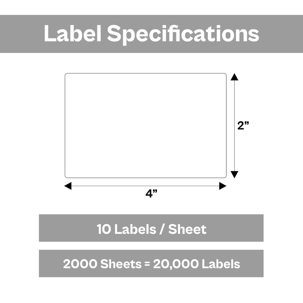 4" x 2" - Address Mailing White Label Sheets - 2000 Sheets/10 Labels Per Sheet