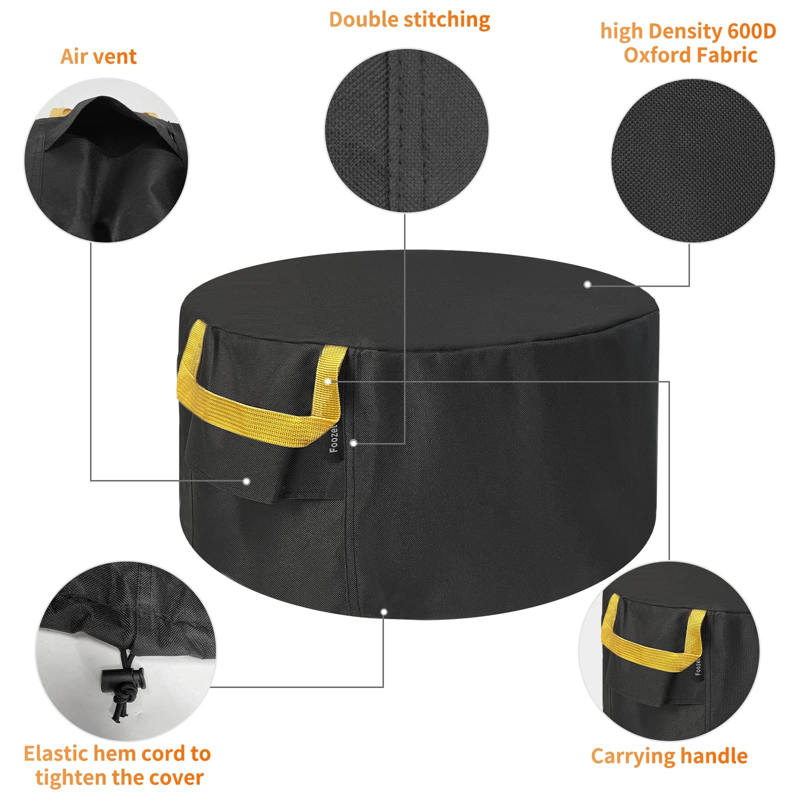 Fire Pit Cover Round - Waterproof 600D Heavy Duty Round Patio Fire Bowl Cover