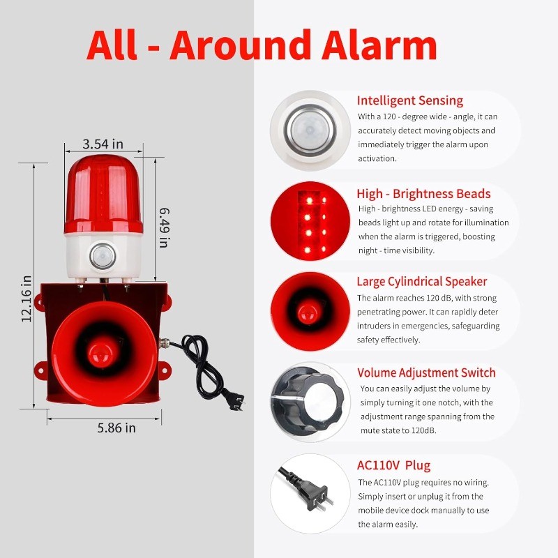 Motion Sensor Alarm with Human Detection,120dB Adjustable Siren & LED Strobe