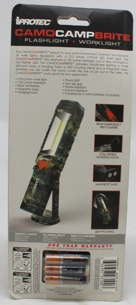 iProtec Camo Camp Brite Flashlight Worklight Three In One LED Lighting Magnetic