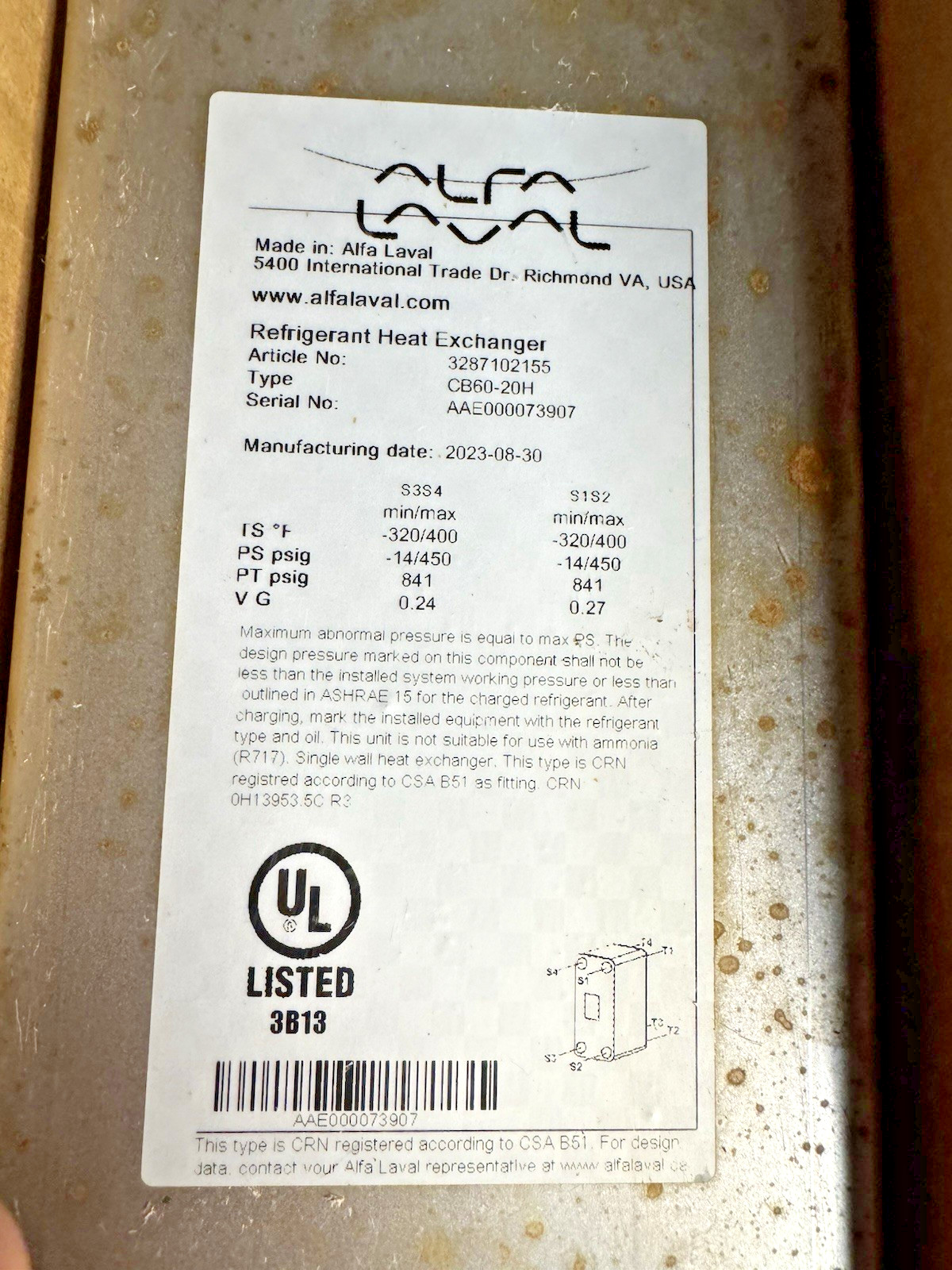 Alfa Laval CB60-20˙H Brazed Plate Heat Exchanger Stainless Steel New Old Stock