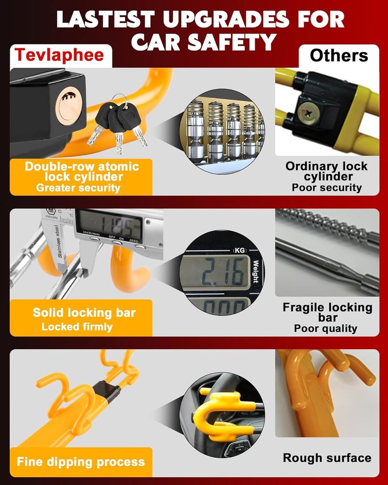 Tevlaphee Steering Wheel Lock - Heavy Duty Antitheft Device and Car Yellow