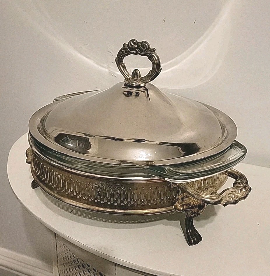 VTG Covered Casserole & Silver Plate 10" Glass Baking Dish Elegant Serving Set