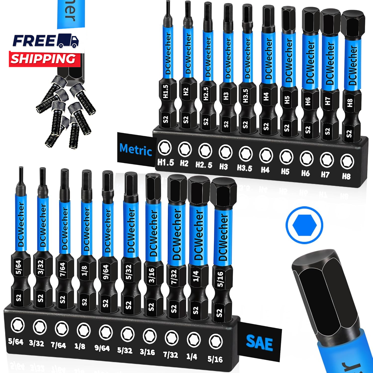 20-PCS Allen Key/Allen Wrench Drill Bit Set Impact Hex Bits (Metric & SAE) 2 Inc