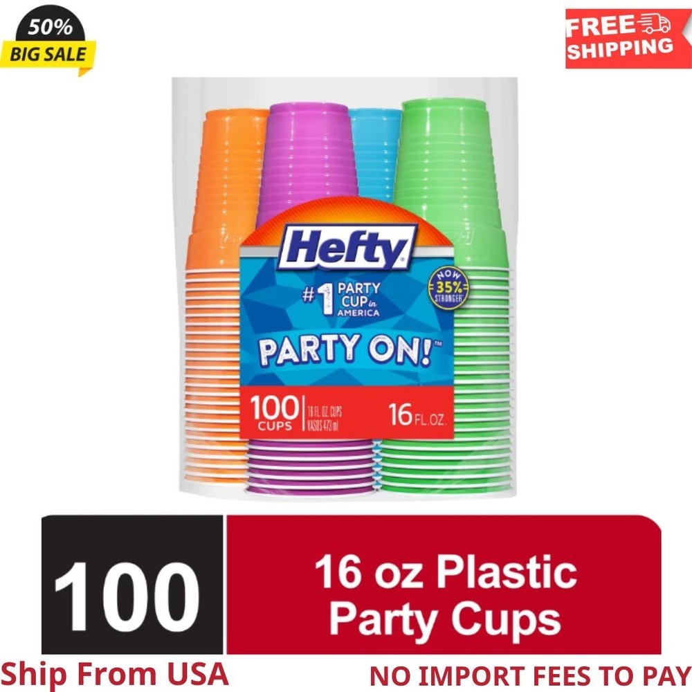 Hefty Party On Disposable Plastic Cups, Assorted, 16 Ounce, 100 Count New
