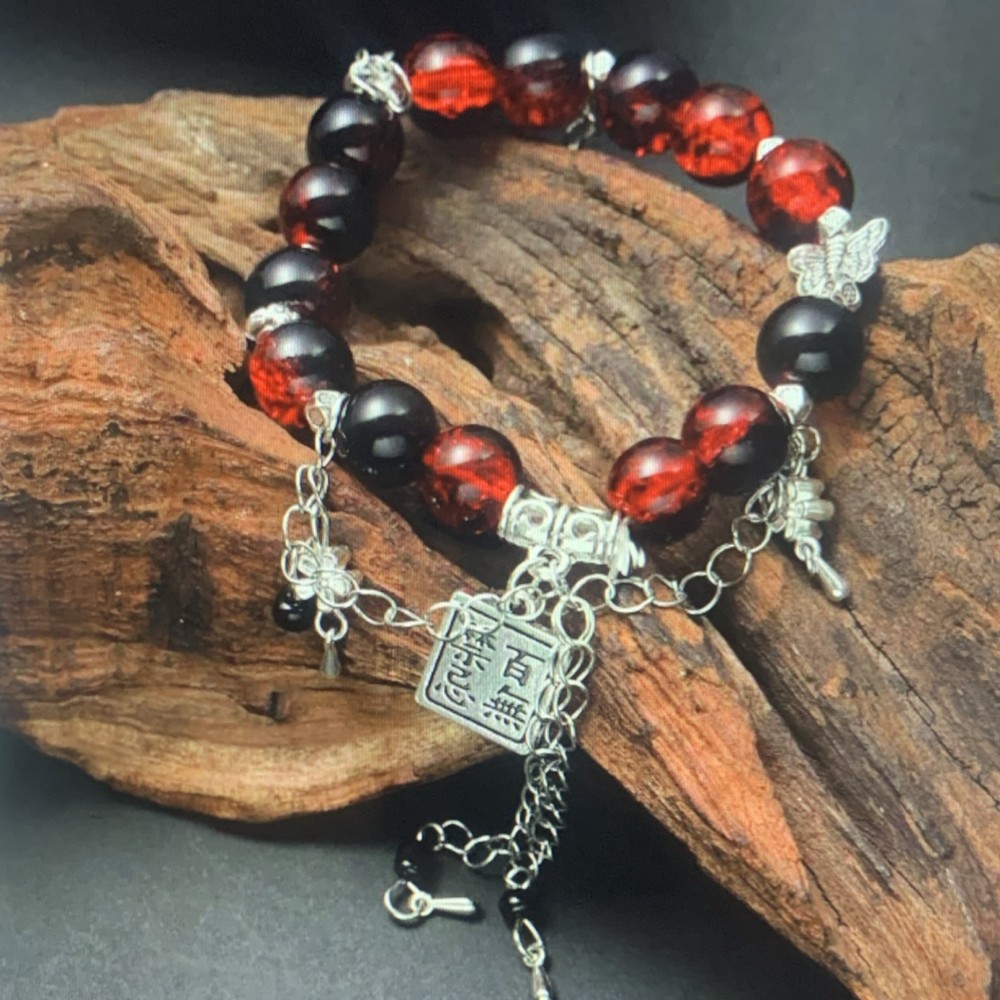 Handcrafted Red Black Beaded Dangle Butterfly Charm Adjustable Bracelet