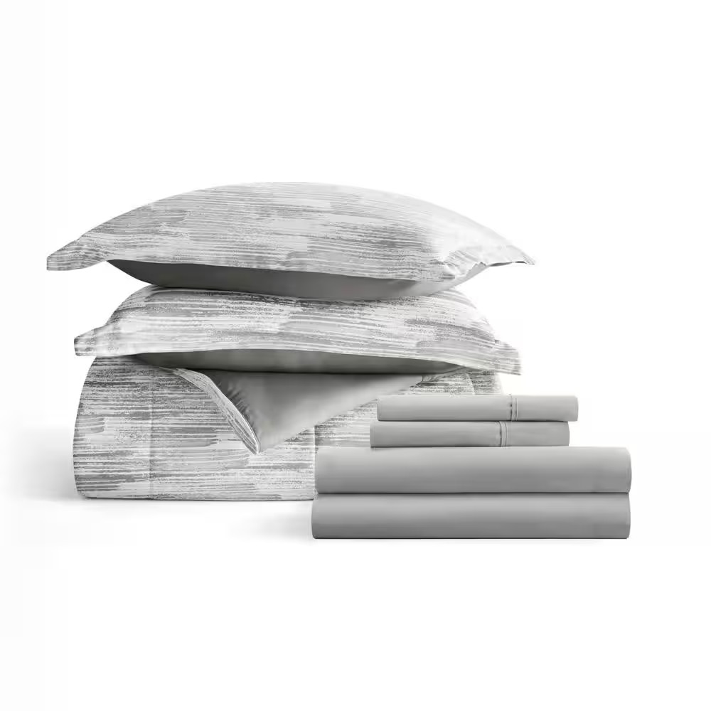 7-Piece Textured Stripe Gray Pattern Comforter Queen Microfiber Bedding Bundle