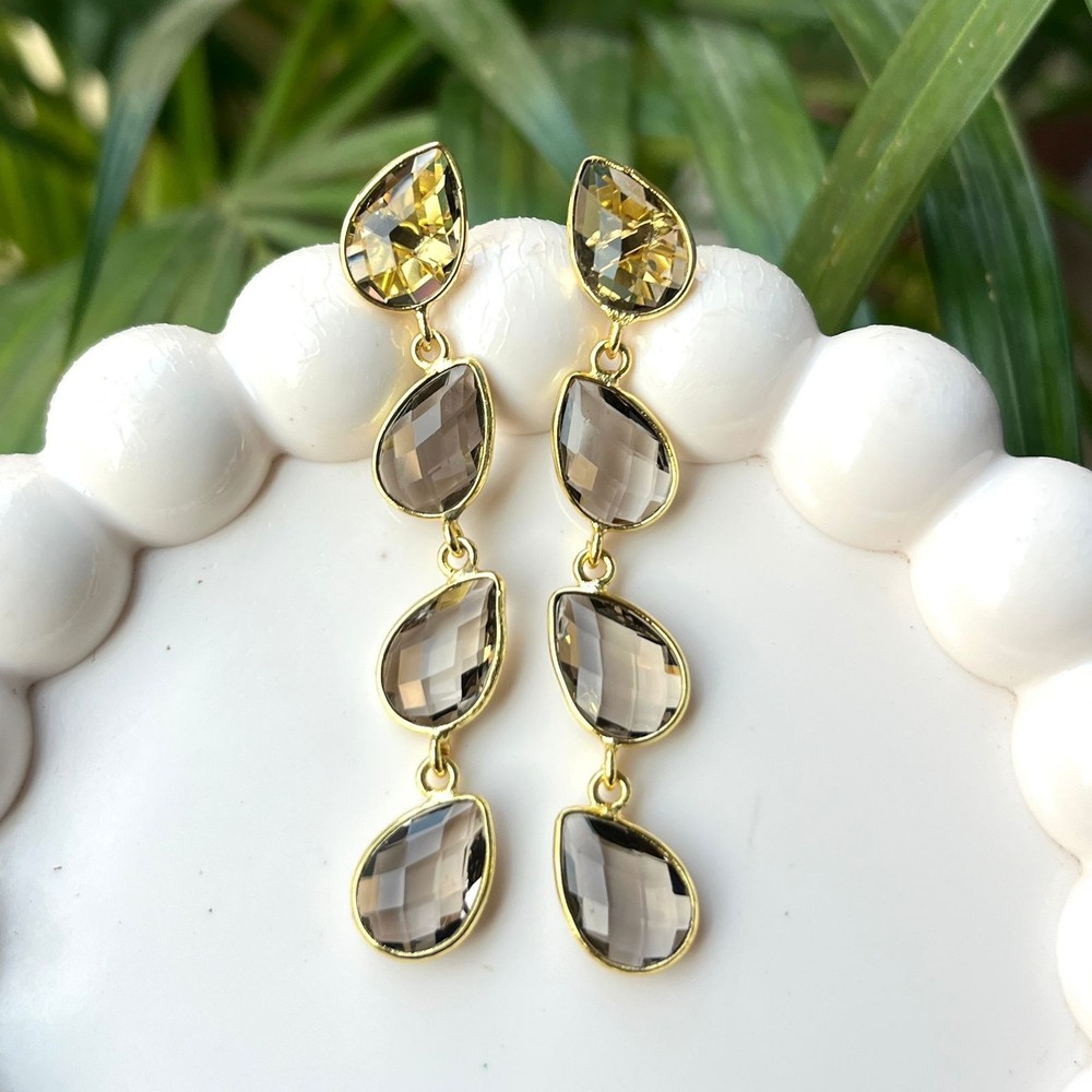Precious Smoky Quartz Gold Plated Bezel Setting Statement Earring Dangle Earring