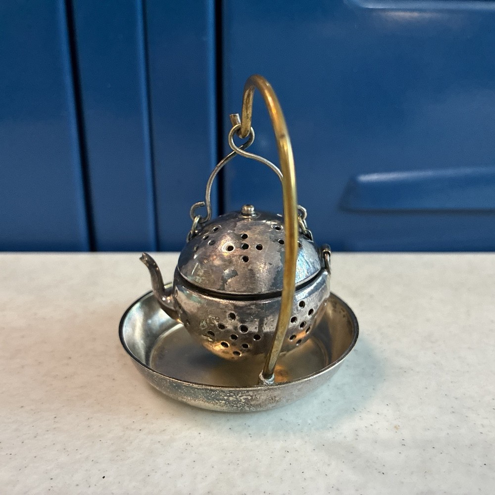 Vintage Silver Plated Tea Ball Teapot Infuser Strainer SET