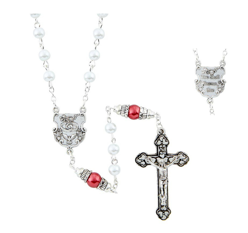 Bride Women's Wedding Rosary Two Shall Become One 2 Rings Centerpiece White Red