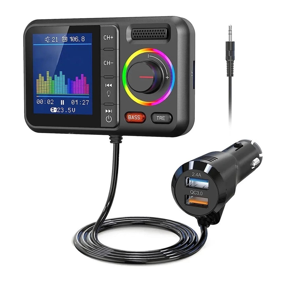 Wireless FM Transmitter with Big Color Screen 2.4A QC3.0 Dual USB Fast Charging